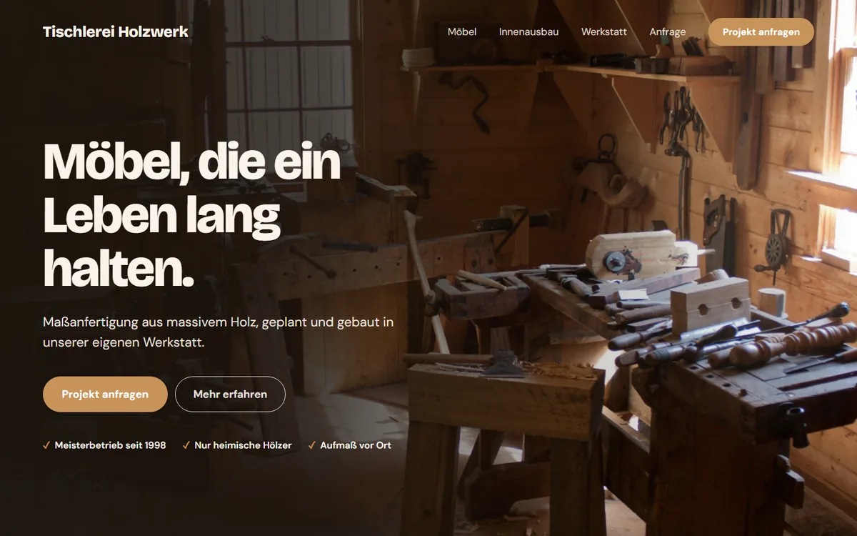 Beispiel-Design: Startseite Tischlerei Holzwerk, Handwerk